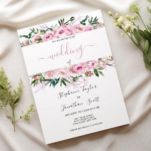 Watercolor pink coral peony floral wedding invitation