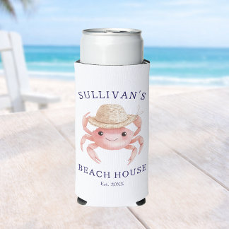Watercolor Pink Crab Beach House Coastal Cottage Seltzer Can Cooler