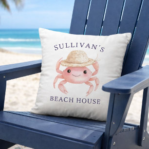 Watercolor Pink Crab Coastal Beach House Summer Cushion