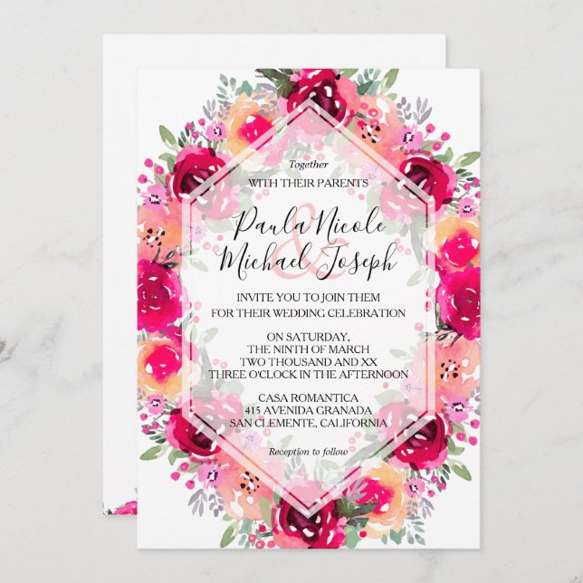 Watercolor Pink Cream Floral Wedding Invitations (Front/Back)