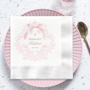  watercolor pink crest little bow   Baptism Napkin