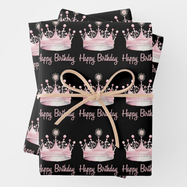 Watercolor Pink Crown Happy Birthday Wrapping Paper Sheet (In situ)