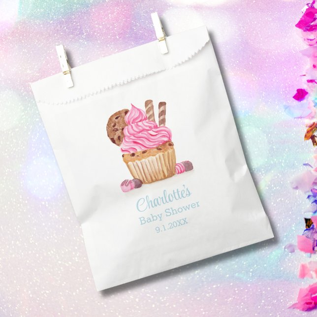 Watercolor Pink Cupcake With Chocolate Baby Shower Favour Bags (Creator Uploaded)