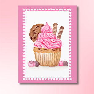 Watercolor Pink Cupcake With Chocolate Birthday Postcard