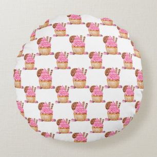 Watercolor Pink Cupcake With Chocolate Pattern Round Cushion
