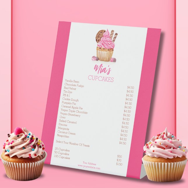 Watercolor Pink Cupcake With Cookie Bakery Pricing Pedestal Sign (Creator Uploaded)