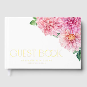 Watercolor Pink Dahlia Flowers Spring Wedding Guest Book