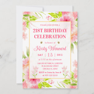 Watercolor Pink Dahlia Peony Flowers Birthday Invitation