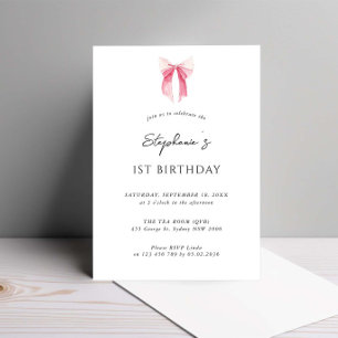 Watercolor Pink Dainty Bow 1st Birthday Invitation