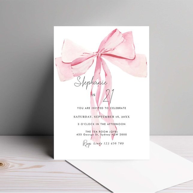 Watercolor Pink Dainty Bow 21st Birthday Invitation (Creator Uploaded)