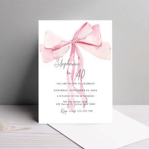 Watercolor Pink Dainty Bow 40th Birthday Invitation