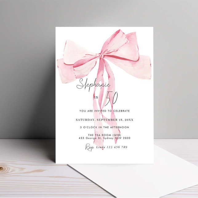 Watercolor Pink Dainty Bow 50th Birthday Invitation (Creator Uploaded)