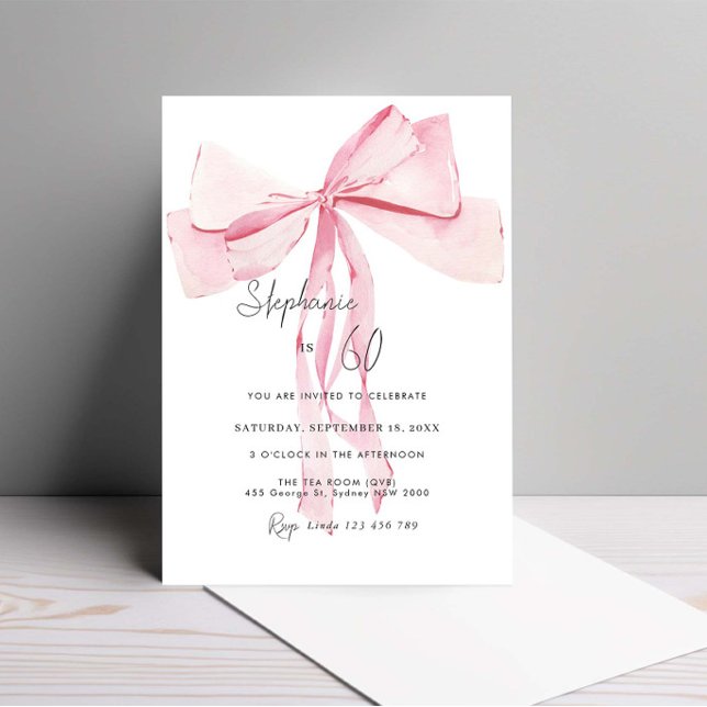 Watercolor Pink Dainty Bow 60th Birthday Invitation (Creator Uploaded)
