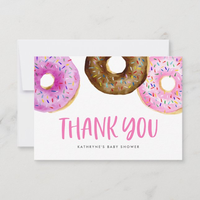 Watercolor Pink Doughnuts Baby Sprinkle Thank You Card (Front)