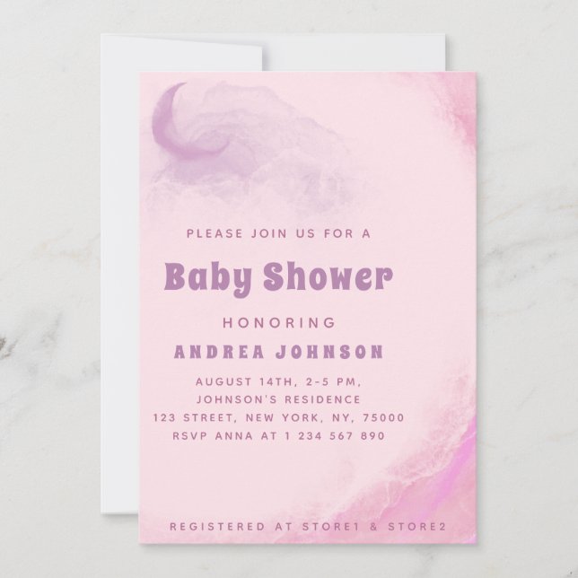Watercolor Pink Dreamy Moon Cloud Girl Baby Shower Invitation (Front)