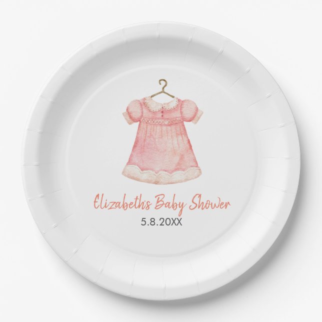 Watercolor Pink Dress Baby Shower Paper Plate (Front)