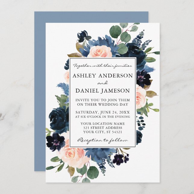 Watercolor Pink Dusty Blue Floral Frame Wedding Invitation (Front/Back)