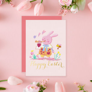 watercolor pink easter bunny in garden