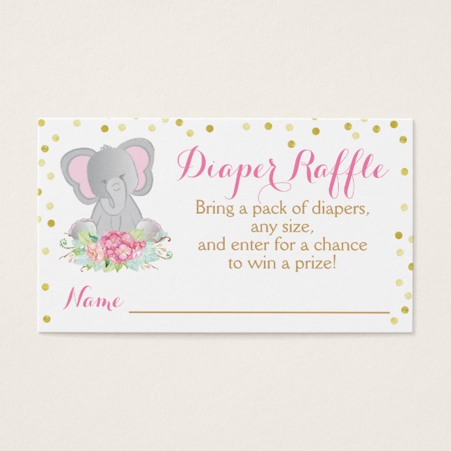 Watercolor Pink Elephant Baby Shower Diaper Raffle (Front)