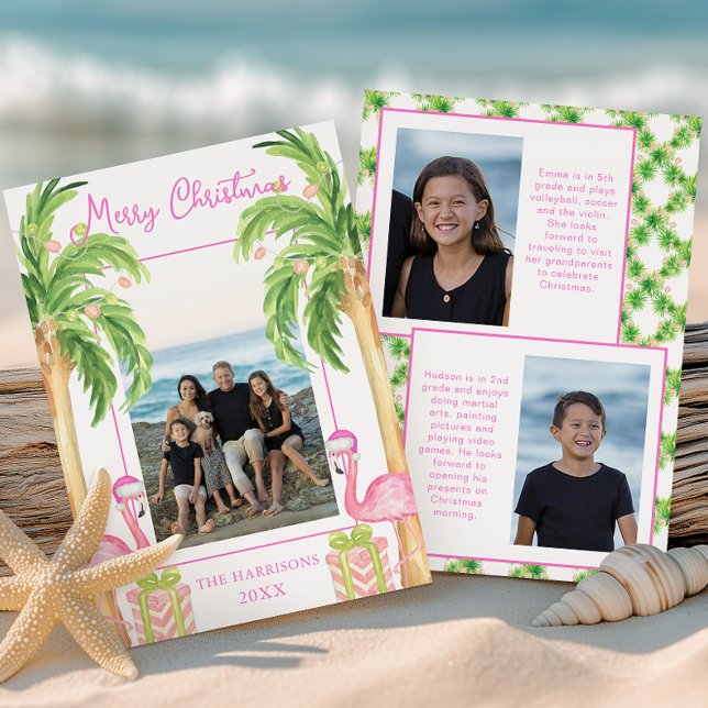 Watercolor Pink Flamingo Beach Christmas Photo Holiday Card (Creator Uploaded)
