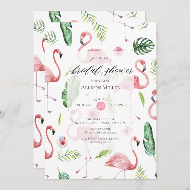 Watercolor Pink Flamingo Bridal Shower Invitation (Front/Back)