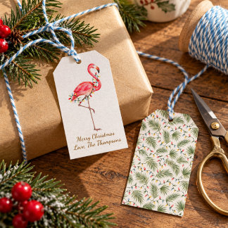 Watercolor Pink Flamingo Christmas Custom Gift Tags