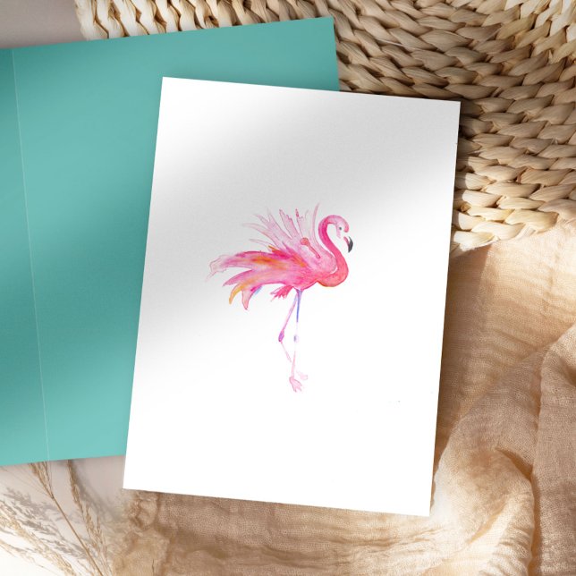 Watercolor Pink Flamingo Gifts Greeting Card (folded notecard watercolor pink flamingo on white background blank inside art Victoria Grigaliuanas)