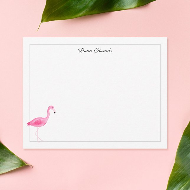 Watercolor Pink Flamingo Grey Border Personalised Card (Creator Uploaded)