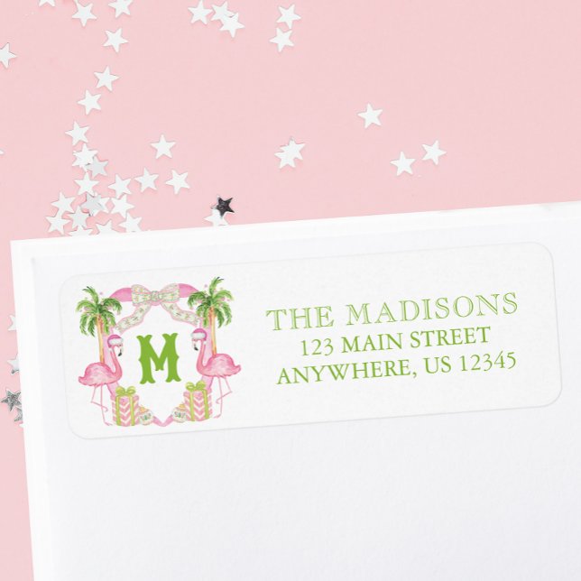 Watercolor Pink Flamingo Monogram Crest Address (Creator Uploaded)