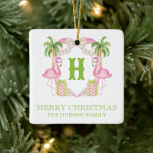 Watercolor Pink Flamingo Monogram Crest Christmas Ceramic Ornament