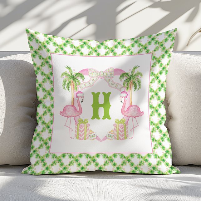 Watercolor Pink Flamingo Monogram Crest Christmas Cushion (Creator Uploaded)