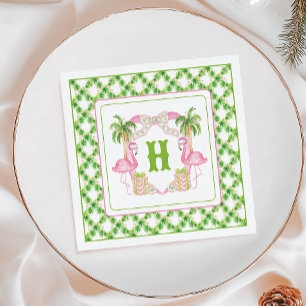Watercolor Pink Flamingo Monogram Crest Christmas Napkin