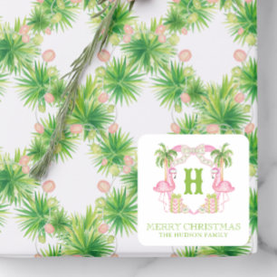 Watercolor Pink Flamingo Monogram Crest Christmas Square Sticker