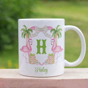 Watercolor Pink Flamingo Monogram Crest Christmas Two-Tone Coffee Mug