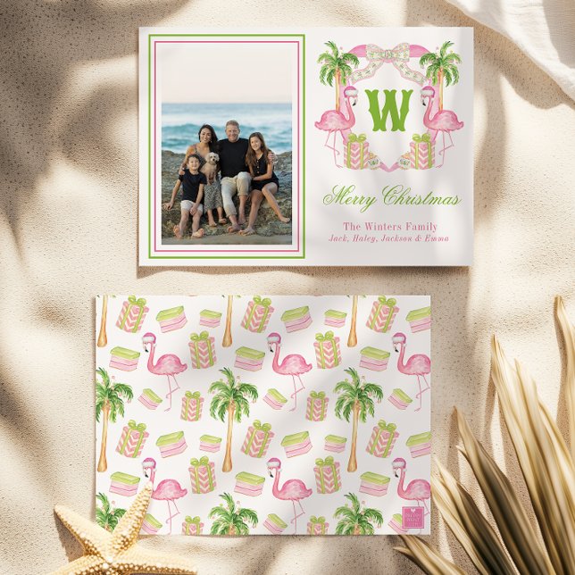 Watercolor Pink Flamingo Monogram Crest Photo Holiday Card (Creator Uploaded)