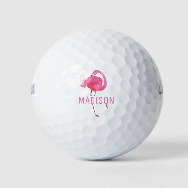 Watercolor Pink Flamingo Monogram Golf Balls (Front)