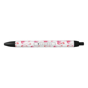Watercolor Pink Flamingo Pattern Personalised Black Ink Pen