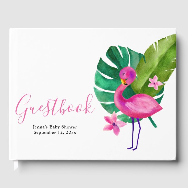 Watercolor Pink Flamingo Tropical Baby Shower Guest Book (Front)