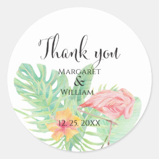 Watercolor pink Flamingo & Tropical Greenery  Classic Round Sticker