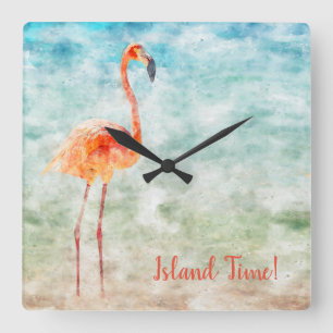 Watercolor Pink Flamingo   Tropical Island Time Square Wall Clock