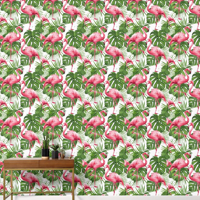 Watercolor Pink Flamingo Tropical Leaves Pattern Wallpaper (Hallway)