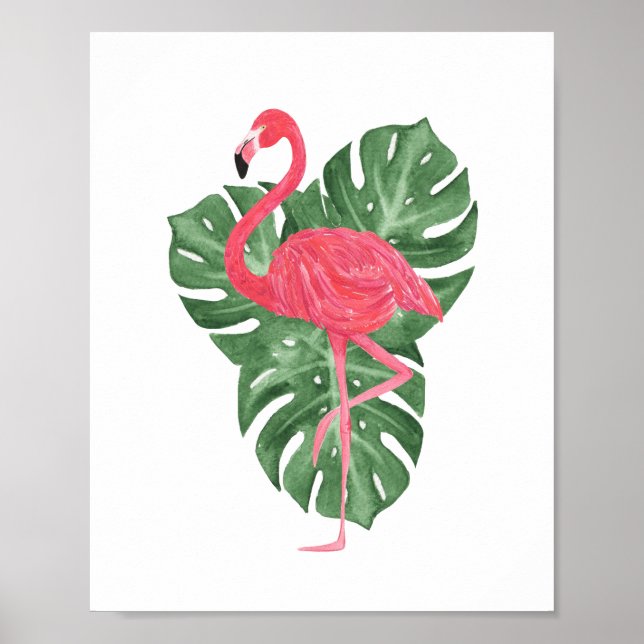 Watercolor Pink Flamingo Tropical Monstera Leaves Poster (Front)