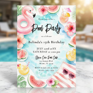 Watercolor Pink Flamingo Tropical Pool Birthday Invitation