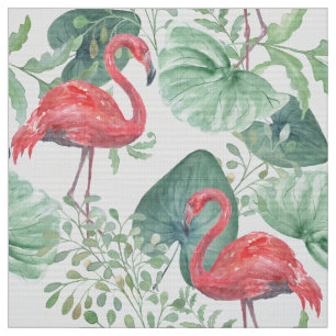 Watercolor Pink flamingos and leaves. Fabric