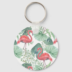 Watercolor Pink flamingos and leaves. Key Ring