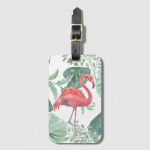 Watercolor Pink flamingos and leaves. Luggage Tag