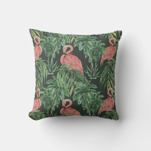 Watercolor pink flamingos, exotic birds, tropical cushion