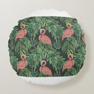 Watercolor pink flamingos, exotic birds, tropical round cushion
