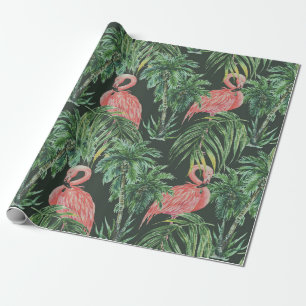 Watercolor pink flamingos, exotic birds, tropical wrapping paper