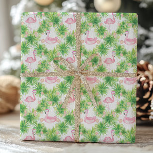 Watercolor Pink Flamingos & Garland Christmas Wrapping Paper
